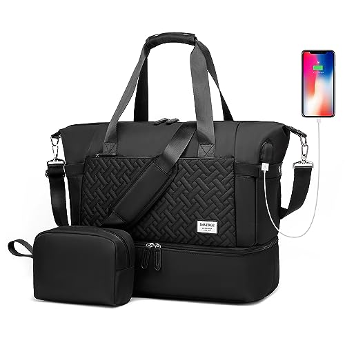 Travel Bags for Women, Weekender Bag with Shoe Compartment, Gym Tote Bags with USB Charging Port,Overnight Duffle Bag with Trolley Sleeve, Black