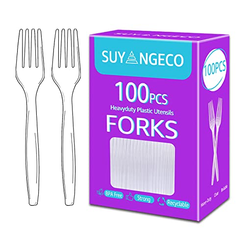 [100 Count] Heavy Duty Clear Plastic Forks Disposable Plastic Fork Bulk Utensils Reusable Cutlery Set Thick Plasticware Silverware for Party,Every Day Use,Picnic,Camping,Wedding,Barbecues
