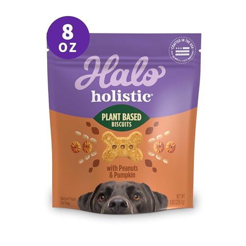 Halo Plant-Based Dog Treats with Peanuts & Pumpkin, Vegan Dog Treat Pouch, 8 oz bag