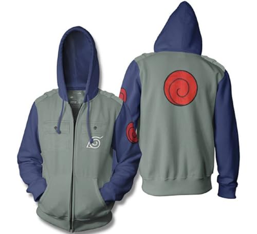 Ripple Junction Naruto Shippuden Men's Full Zip Up Hooded Sweatshirt Kakashi Hatake Anime Zippered Fleece Hoodie Olive XL