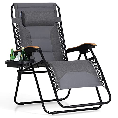 PHI VILLA XXL Oversized Padded Zero Gravity Chair, Foldable Patio Recliner, 30' Wide Seat Anti Gravity Lounger with Cup Holder, Support 400 LBS (Gray)