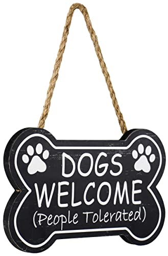 SANY DAYO HOME Dogs Welcome People Tolerated 10 x 6 inches Funny Wood Signs Bone Shape Dog Rules Decorative Plaque with Hanging Rope for Wall, Front Door Decor