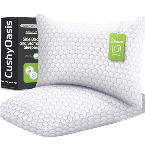 CushyOasis Shredded Memory Foam Pillow for Sleeping, Cooling Bed Pillows Set of 2, Adjustable Pillows for Side, Back, Stomach Sleepers with Washable Pillowcase (Queen Size, Grey)