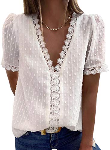 Astylish Womens Chiffon Blouse Swiss Dot Casual Short Sleeve V Neck Pom Pom Shirts Tops White Medium