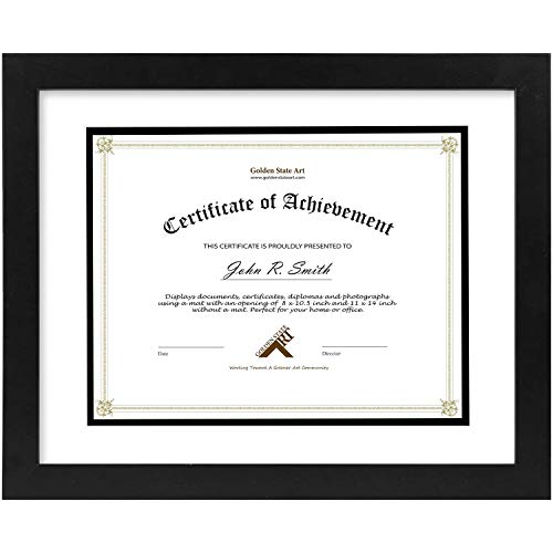 Golden State Art, 11x14 Diploma Frame for 8.5x11 Document & Certificates with Mat, Or 11x14 Without Mat, Real Glass, Double Mat (Black with White/Black, 1 Pack, Solid Wood)