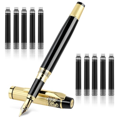 Andibro Metal Fountain Pens, With 10 Black Ink 2.6mm Cartridges, 0.5mm Luxury Fine Point Fountain Pen Business Pen Smooth Writing Stainless Steel Pen Calligraphy Pen for Office School Supplies Gift