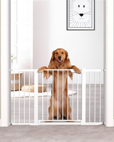 Cumbor 29.7'-51.5' Baby Gate Extra Wide, Safety Dog Gate for Stairs, Easy Walk Thru Auto Close Pet Gates for The House, Doorways, Child Gate Includes 4 Wall Cups,White, Mom's Choice Awards Winner