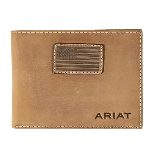 ARIAT Men's Genuine Leather Bifold Wallet, USA Flag Patch, Medium Brown, 3-1/2' x 4-1/4'