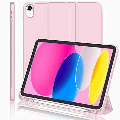 iMieet New iPad 10th Generation Case 2022 10.9 Inch with Pencil Holder, Trifold Stand Smart Case with Soft TPU Back,Auto Wake/Sleep(Pink)