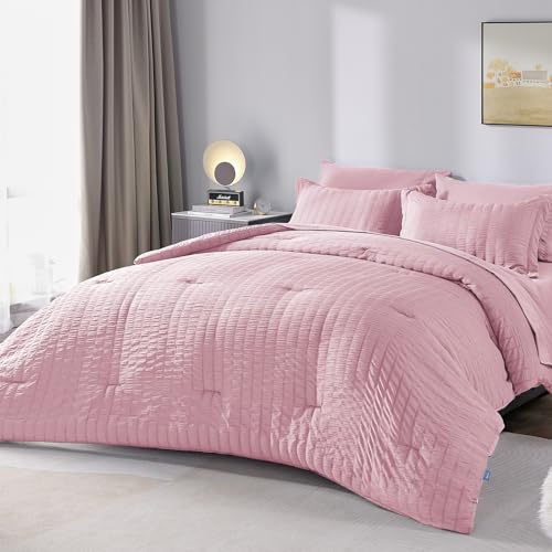 CozyLux Full/Queen Seersucker Comforter Set with Sheets Pink Bed in a Bag 7-Pieces All Season Bedding Sets with Comforter, Pillow Sham, Flat Sheet, Fitted Sheet, Pillowcase