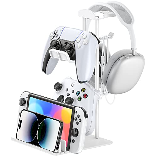 KDD Headphone Stand, Controller Holder & Headset Holder for Desk, Earphone Stand with Aluminum Supporting Bar, Universal Storage Organizer Headphones/Controller/Switch/iPad/Mobile Phone(White)