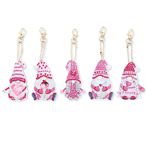 5 Pack Love Pink Gnomes Diamond Painting Keychain Kits,DIY 5D Full Drill Special Shape Fall Goblin Diamond Art Key Chain Key Ring Set for Backpack Shoulder Bag Accessories Adults and Kids Valentines