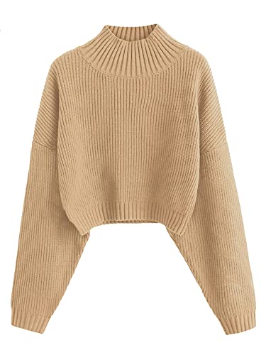 ZAFUL Women's Cropped Turtleneck Sweater Lantern Sleeve Ribbed Knit Pullover Sweater Jumper (1-Tan, XL)