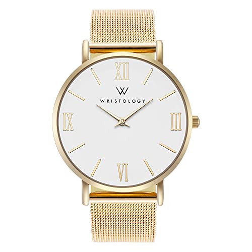 Wristology Roman Numerals Boyfriend Watch Gold with Interchangeable Metal Mesh Milanese Watch Band - Large Easy Read Analog Face for Women, Men, Unisex Stella Collection