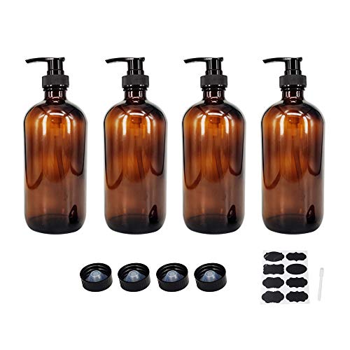 BPFY 4 Pack 16 oz Amber Glass Bottles with Pumps for Shampoo, Essential Oils, Cleaning Products, Lotions, Aromatherapy Oil, Pump Bottles, Refillable Containers with Cap, 8 Chalk Labels, 1 Pen