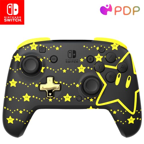 PDP REMATCH GLOW Enhanced Wireless Nintendo Switch Pro Controller, Rechargeable battery power, Dual Programmable Gaming Buttons, 30-foot Range, Licensed by Nintendo: Super Star (Glow in the Dark)