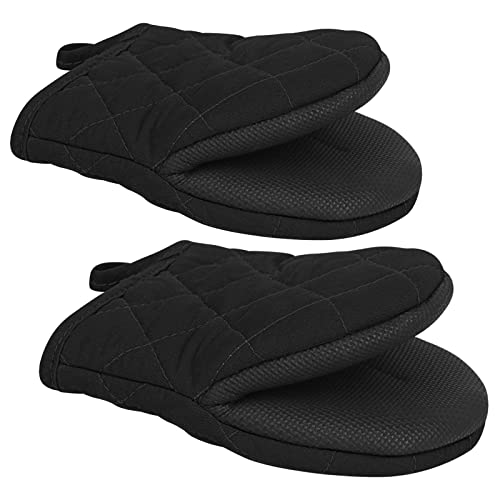 1 Pair Short Oven Mitts - Silicone Kitchen Oven Gloves High Heat Resistant 500℉, Mini Oven Mits with Non-Slip Grip Surfaces and Hanging Loop for BBQ, Baking, Cooking and Grilling (Black)