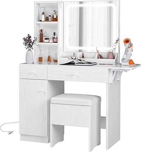 IRONCK Vanity Desk with LED Lighted Mirror & Power Outlet, Makeup Table with Drawers & Cabinet,Storage Stool,for Bedroom, White