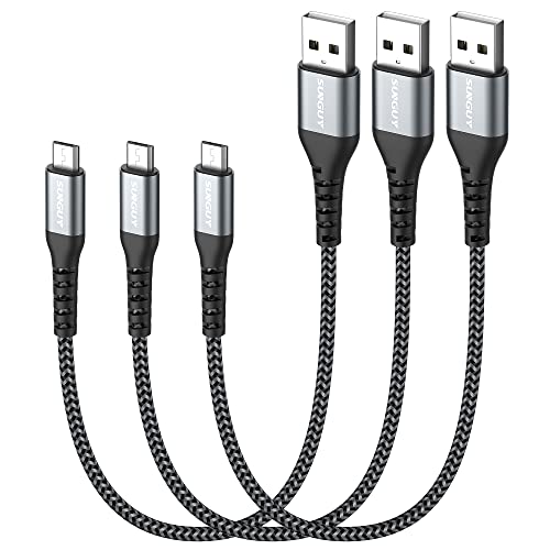SUNGUY Micro USB Cable 1FT[3Pack], 18W Short USB to Micro USB Cable Fast Charging USB 2.0 Data Sync Nylon Braided for Samsung Galaxy S7 Edge S6, Power Bank, Android Phone, PS4