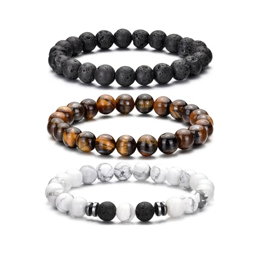 RANKEEF Tiger Eye Bracelet For Men 8MM Natural Stone Beads Bracelet Set Stretch Lava Rock Bracelets Adjustable Black Crystal Beaded Bracelet for Men Women Gifts