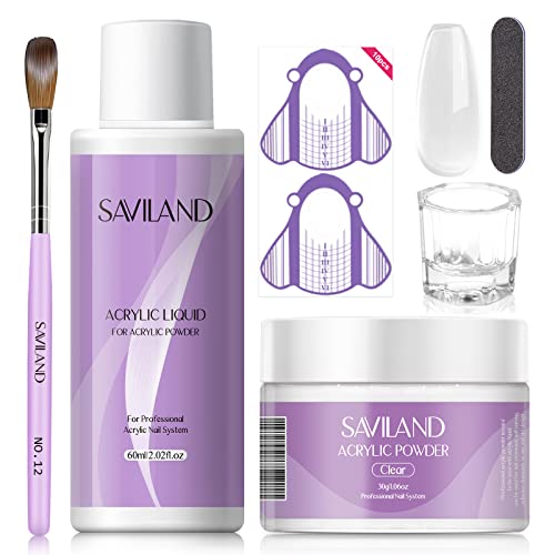 SAVILAND Acrylic Nail Kit – 30g Clear Acrylic Powder & 60ml Acrylic Liquid Set with Nail Brush Nail Forms Tools Extension Nail Kit for Beginners with Everything for Home DIY Salon Nails Application