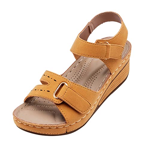 Women's Platform Strappy Heels Open Toe Ankle Strap Wedges Sandals Hook And Loop Fastener Strap Wedge Sandal Comfy Yellow, 8