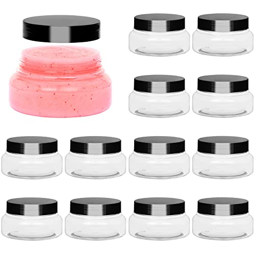 12 Pack 5 oz Clear Plastic Tuscany Jars with Lids and Labels - Refillable Round Plastic Body Scrub Container Empty Cosmetic Travel Containers for Cream, Lotion, Sugar Scrub, Body Butter