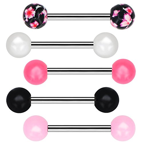 COCHARM 5Pcs Plastic Tongue Rings for Women 14g Pink Kitty Tongue Ring Acrylic Cute Tongue Piercing Jewelry Kawaii Girl Tongue Rings