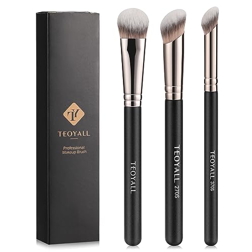 TEOYALL Contour Conceal Brush Set, 3PCS Angled Synthetic Under Eye Concealer Brush for Blending Setting Buffing with Liquid, Cream and Powder Cosmetic (270S/370S/Angled)