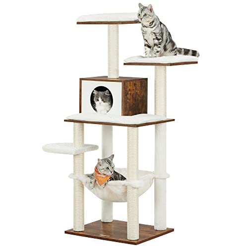 Feandrea WoodyWonders Cat Tree, Modern Cat Tower for Indoor Cats, 54.3-Inch Multi-Level Cat Condo, Ultra-Soft Plush, Scratching Posts, Hammock, Removable, Washable Cushions, Rustic Brown UPCT164X01