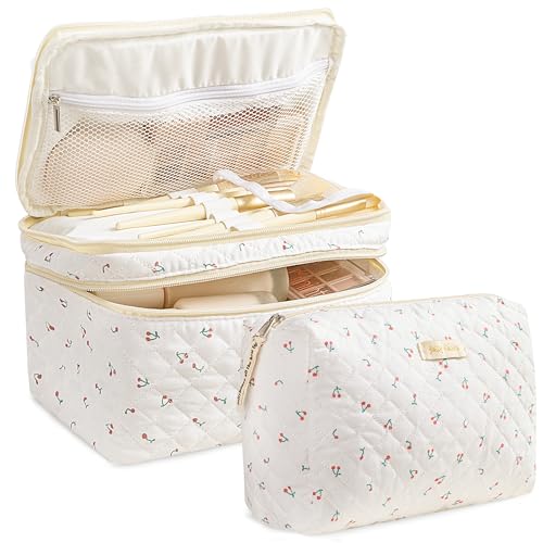 HBselect 2Pcs Double Layer Travel Makeup Bag Women, Cotton Quilted Makeup Bag Coquette Makeup Bag Large Travel Cosmetic Bag Aesthetic Cute Kawaii Cherry Makeup Bag Toiletry Bags for Women Girls