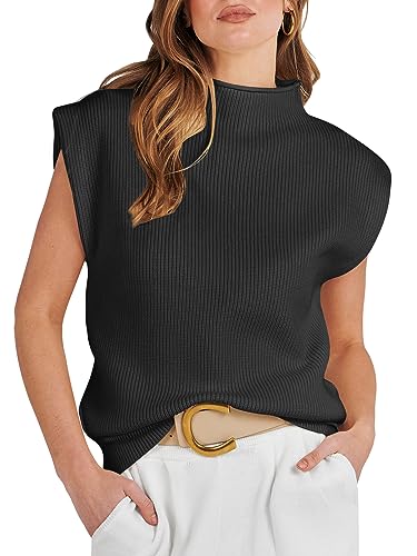 ANRABESS Women's Mock Neck Sleeveless Sweater Vest Casual Cap Sleeve Knit Pullover Tank Tops 2024 Spring Summer Clothes Black 1209heise-M