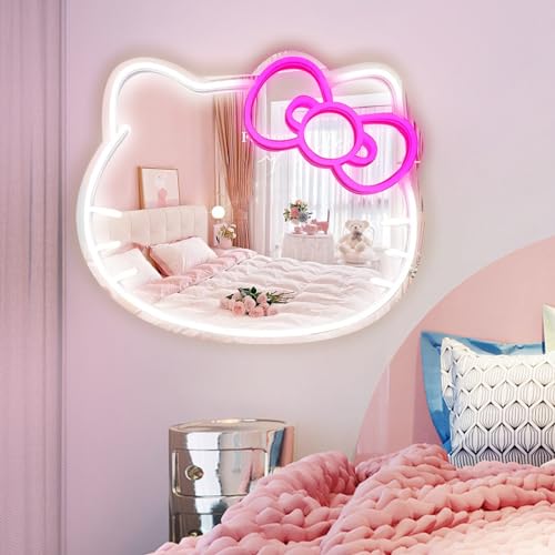 MCJSGSP Anime Hello Kit Mirror with Light Neon Signs for Locker Room Living Room Girl's Bedroom Decor, Acrylic Mirror with Dimmable for Teen Girl Gifts ，Wall Mirror
