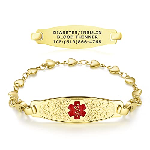 Divoti Custom Engraved Medical Alert Bracelets for Women, Medical Bracelet, Medical ID Bracelet w/Free Engraving – PVD Gold Elegant Olive Tag w/PVD Gold Heart Link-TP Red-7.0'