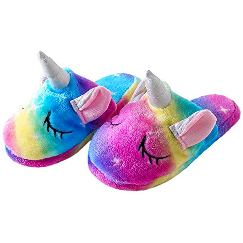 TYONMUJO Kids Unicorn Fuzzy Slippers with Anti-Slip Soles for Boys Girls Rainbow B24