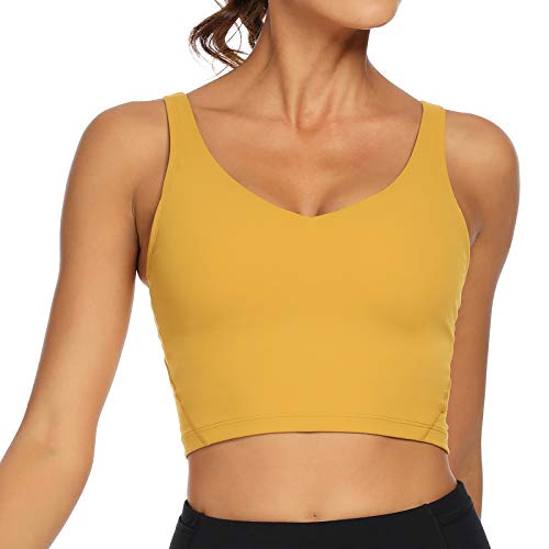 Lemedy Women Sports Bra Longline Crop Tank Top Padded Workout Running Yoga (XL, Yellow)