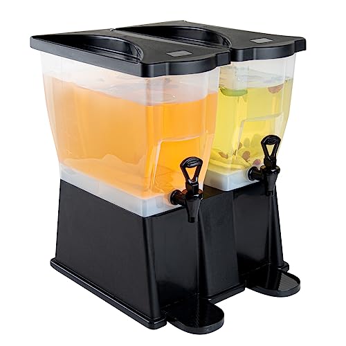 Restaurantware Bev Tek 6 Gallon Drink Dispenser 1 Dishwashable Double Beverage Dispenser - Detachable Tanks Includes Decals Black Plastic Carnival Juice Dispenser With Stand Push-Button Spigots