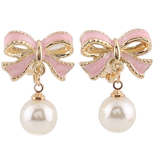 GRACE JUN Pink Bowknot Shape Clip on Earrings Without Piercing for Women Pearl Drop Earrings(Pink Bowknot Clip-ons)