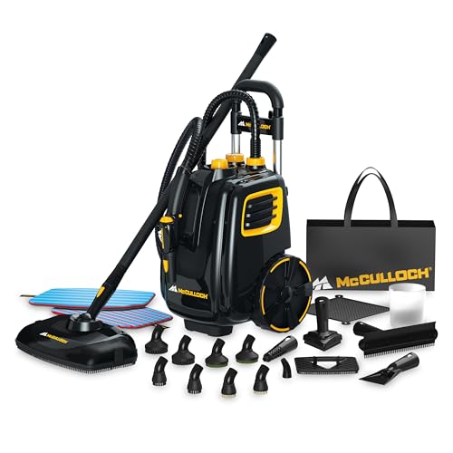 McCulloch MC1385 Deluxe Canister Steam Cleaner with 23 Accessories, Chemical-Free Pressurized Cleaning for Most Floors, Counters, Appliances, Windows, Autos, and More, 1-(Pack), Black