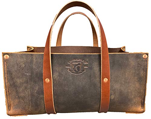 Buffalo Leather Tote Tool Bag For Hand Tools, Gardening, Outdoorsmen, Heavy Duty Premium Storage Leather Organizer (Crazy Horse Black)