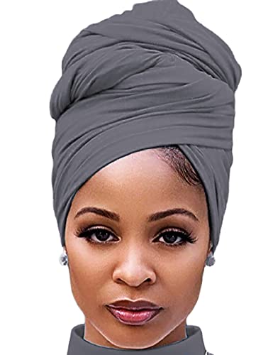 Harewom Turban Head Wraps for Black Women Jersey Hijab Scarves Cotton Fashion Headbands Long Plain Muslim Shawls Dark Grey