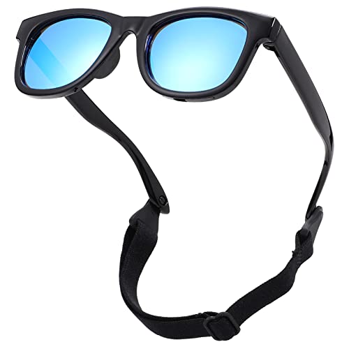 COASION Bendable Flexible Polarized Newborn Baby Sunglasses with Strap for Infant Boys Girls Age 0-12 Months (Black/Blue Mirror)