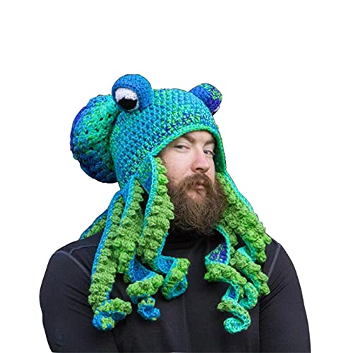 XKCL Knitted winter hat,Pot Belly Octopus Squid Hat,Hat-Novelty Hat,Octopus Head Hat, Animal Hat - Octopus Costume Hat (Blue&Green)
