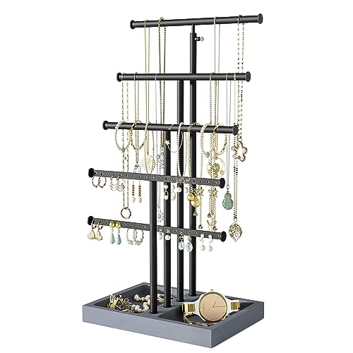 Love-KANKEI Jewelry Organizer Stand,5 Tier Large Necklace Holder with Wood Base,Jewelry holder stand Tree for Display,Bracelets Earrings Rings,Height Adjustable Mother's Day Gift Weathered Grey