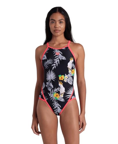 ARENA Women's Standard Feel Tropical Summer Fast Back Swimsuit, Black Multi/Fluo Red