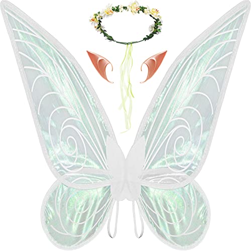 SOLIEHOO Fairy Wings, Sparkling Sheer Fairy Wings for Adults Women Girls Halloween Dress up with Elf Ears Flower Crown