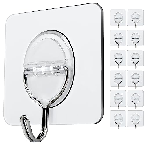 Willtok 12PCS Premium Adhesive Hooks, Stainless Steel No-Tools Adhesive Hooks for Hanging Heavy Duty, Sticky Adhesive Hook with Strong Holding for Decoration/Organization