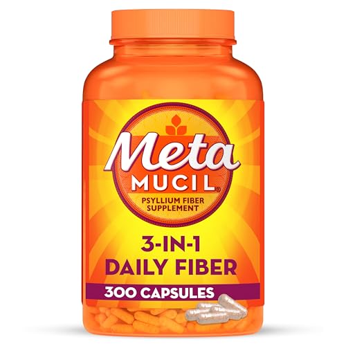 Metamucil 3-in-1 Fiber Capsules, Daily Fiber Supplement for Digestive Health, Plant-Based Psyllium Husk Fiber Capsules, #1 Doctor Recommended Fiber Brand, 300ct Capsules