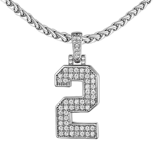 FindChic Number 2 Chain Platinum Plated Cubic Zirconia Diamond Necklace for Men Silver Pendant Necklace for Sports Athletes