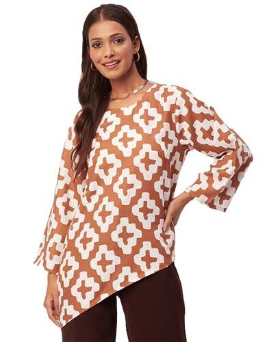 Moomaya Printed Asymmetric Tops For Women, Poly Rayon Long Sleeve Tunic Top Mustard Yellow